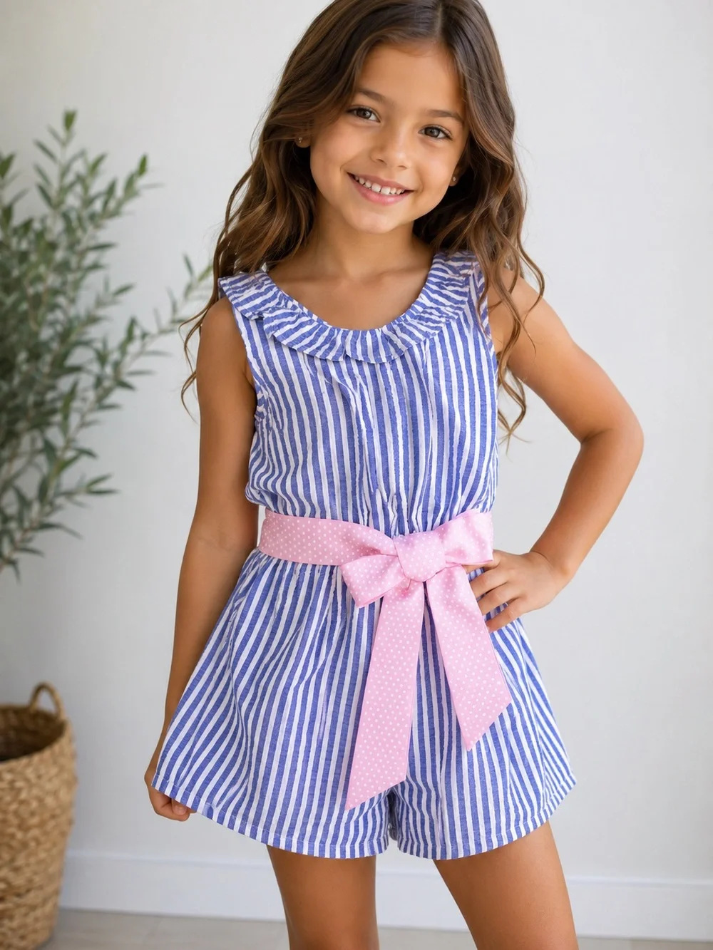Bonnie Jean Blue Stripe Sleeveless Skort Romper with Pink Bow Belt - Size 6